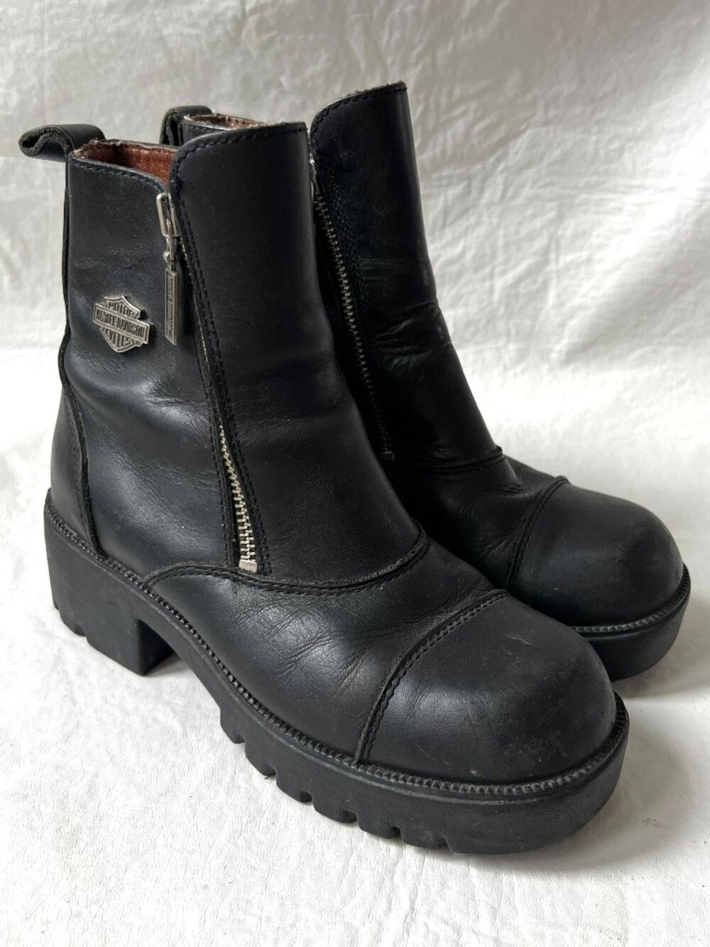 Harley Davidson boots black leather womens 6 moto double zip Amherst block heel